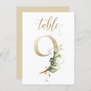Watercolor Green & Gold Foliage, Table Number 9