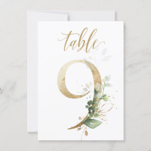 Watercolor Green & Gold Foliage, Table Number 9