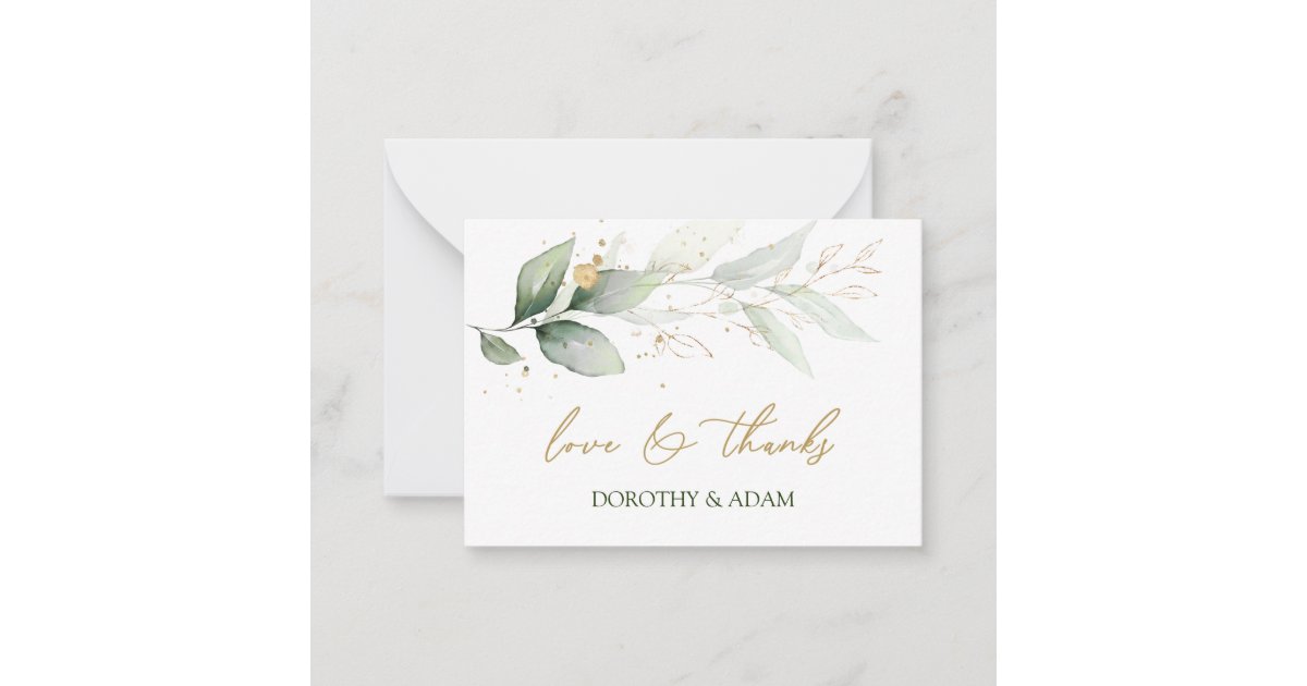 Watercolor green & gold foliage Thank You Note Card | Zazzle