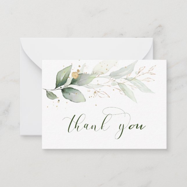 Watercolor green & gold foliage Thank You Note Card (Front)
