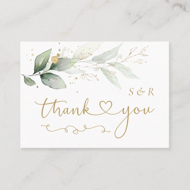 Watercolor Green Gold Foliage Wedding Thank You Business Card (Front)