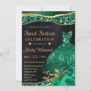 Watercolor Green Gold Glitter Dress Sweet Sixteen Invitation