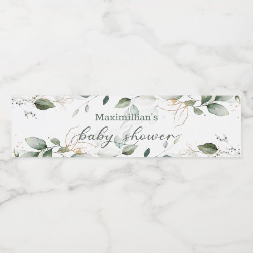 Watercolor green  gold leaves Baby Shower Water Bottle Label