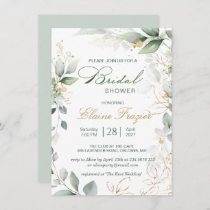 Watercolor green & gold leaves Bridal Shower Invitation
