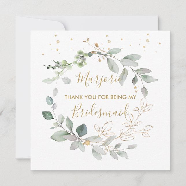 Watercolor green & gold leaves Flat Thank You Card (Front)