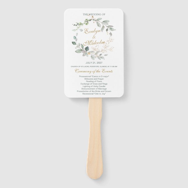Watercolor green & gold leaves Wedding Program Hand Fan (Front)