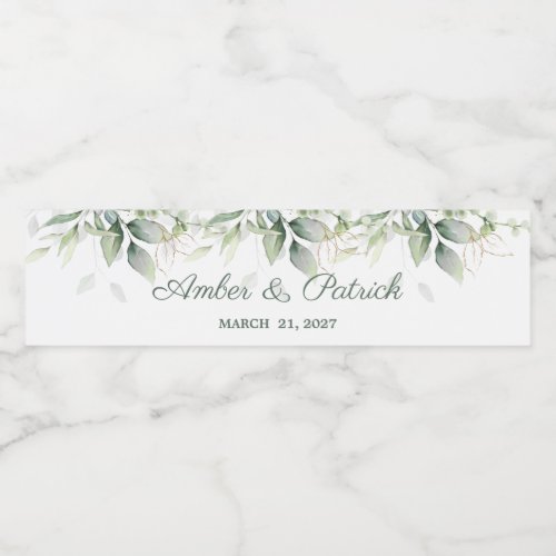 Watercolor green  gold leaves Wedding Water Bottle Label