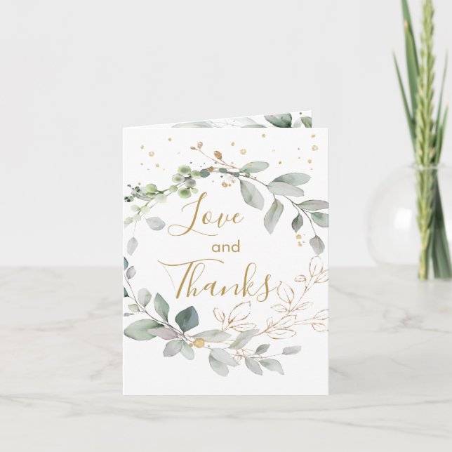 Watercolor green, gold leavesFolded Thank You Card (Front)