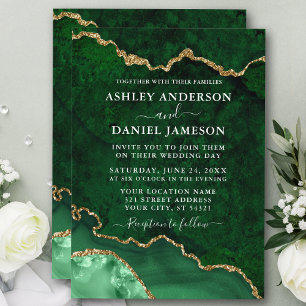 Watercolor Green Gold Marble Agate Geode Wedding Invitation