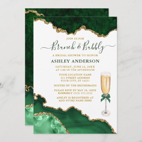 Watercolor Green Gold Marble Geode Bridal Brunch Invitation