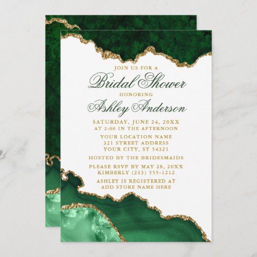 Watercolor Green Gold Marble Geode Bridal Shower Invitation