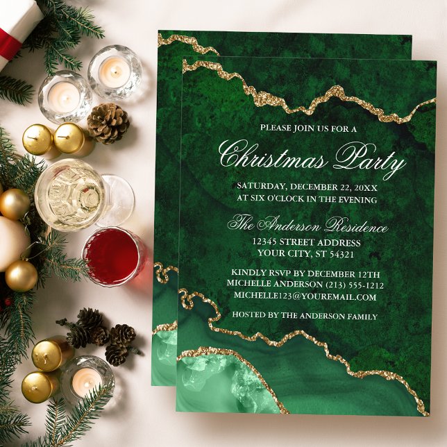 Watercolor Green Gold Marble Geode Christmas Party Invitation (Customize to change text size or text style.)
