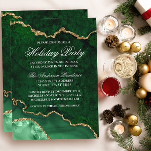 Watercolor Green Gold Marble Geode Holiday Party Invitation