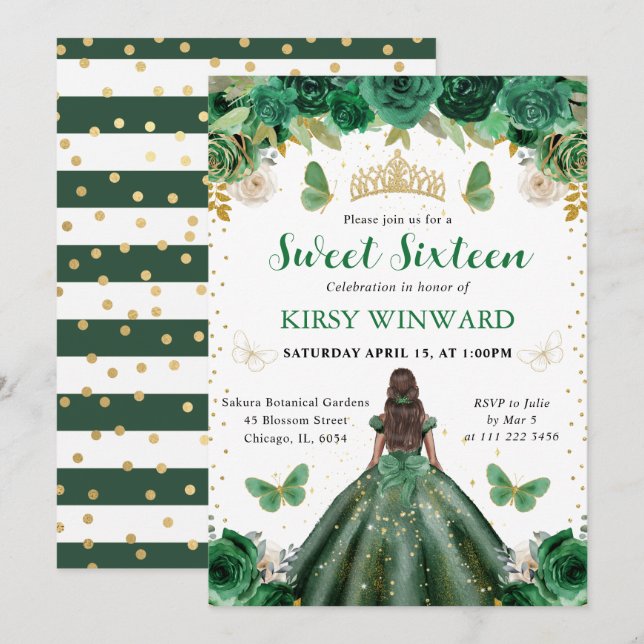 Watercolor Green & Gold Princess Sweet 16 Invitation (Front/Back)