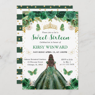 Watercolor Green & Gold Princess Sweet 16 Invitation