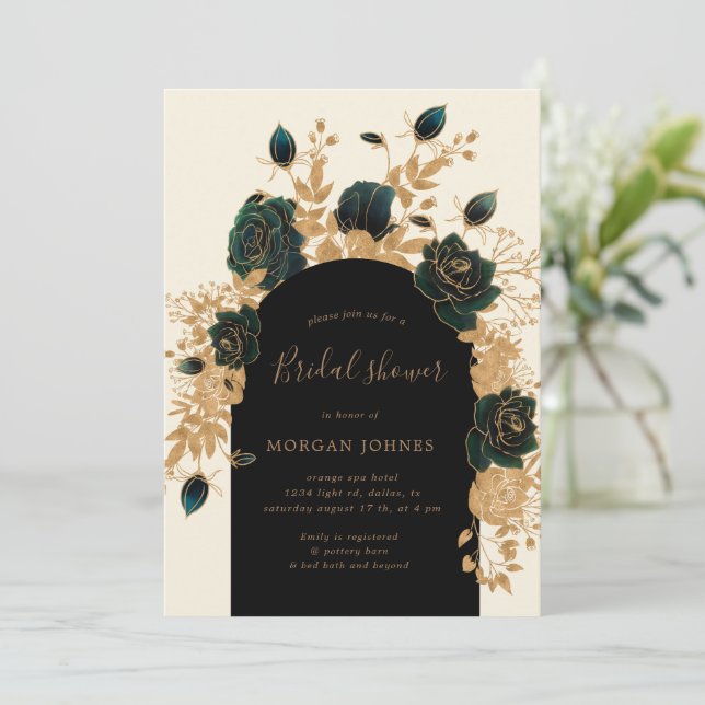 Watercolor Green Gold Roses Bridal Shower Invite (Standing Front)