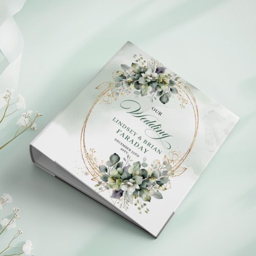 Watercolor Green Gold Sage Green Wedding Memory Al 3 Ring Binder