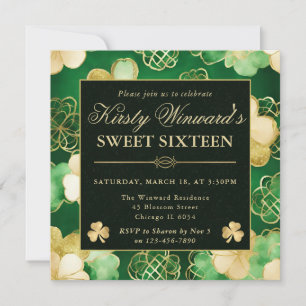 Watercolor Green & Gold Shamrock Sweet 16 Invitation