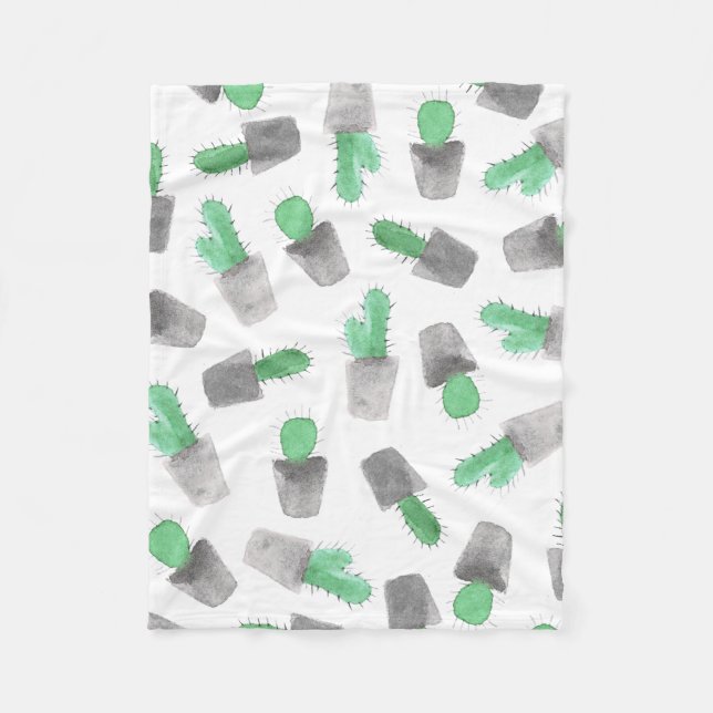 Watercolor green gray modern cactus pattern fleece blanket (Front)