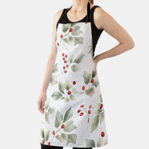 Watercolor Green Holly and Red Berries Apron