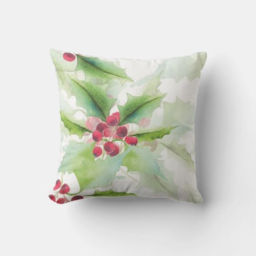 Watercolor Green Holly Red Berry Christmas Holiday Throw Pillow