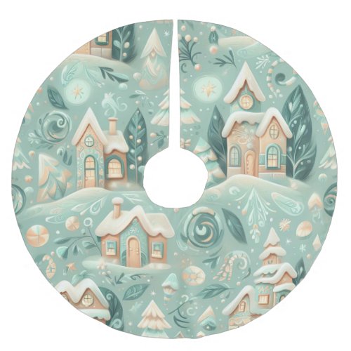 Watercolor Green Houses Christmas Motifs Holiday Brushed Polyester Tree Skirt