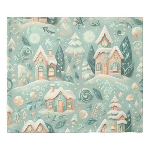 Watercolor Green Houses Christmas Motifs Holiday Duvet Cover
