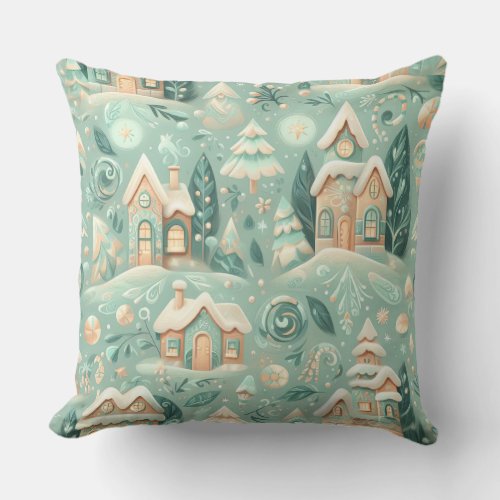 Watercolor Green Houses Christmas Motifs Holiday Throw Pillow