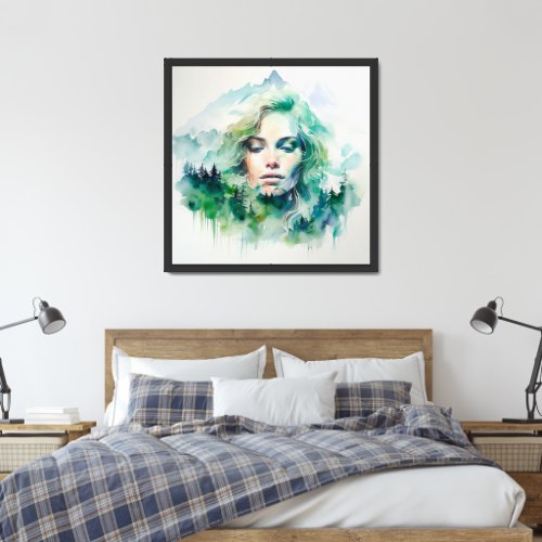 Watercolor green hues double exposure of woman  framed art
