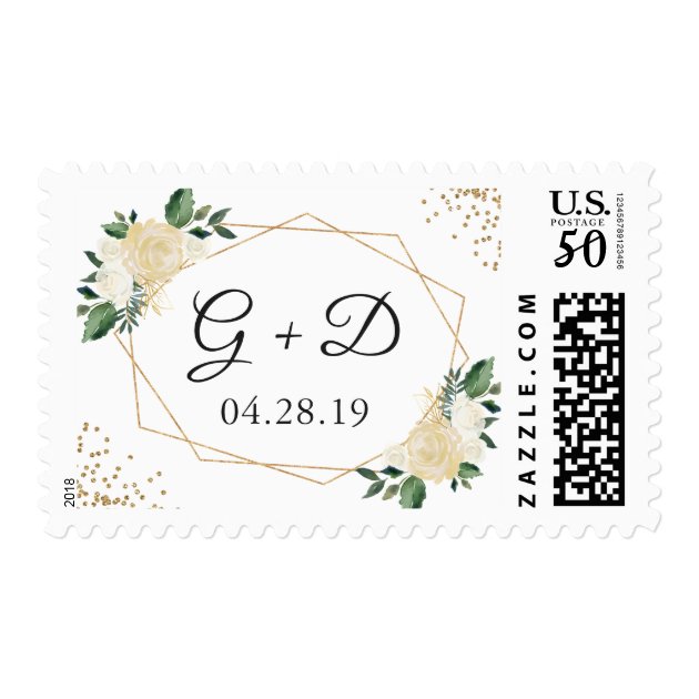 Watercolor Green Ivory Gold Floral Monogram Postage