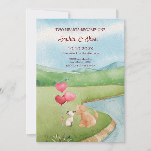 Watercolor green landscape with lovely cat and dog invitation