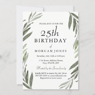Watercolor Green Leaf 25th Birthday Invitation