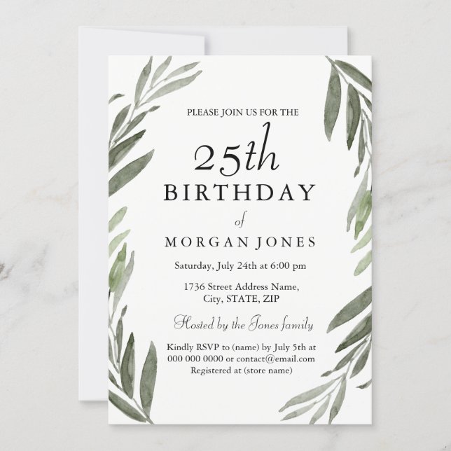 Watercolor Green Leaf 25th Birthday Invitation (Front)