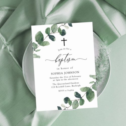 Watercolor Green Leaf Baptism Cross Invitation
