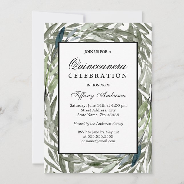 Watercolor Green Leaf Border Quinceanera Invite (Front)