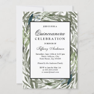 Watercolor Green Leaf Border Quinceanera Invite