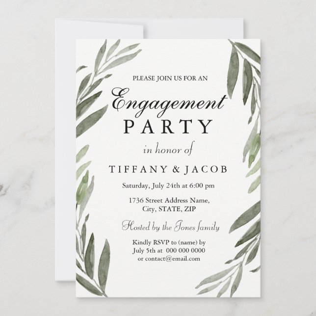 Watercolor Green Leaf Engagement Party Invitation (Front)