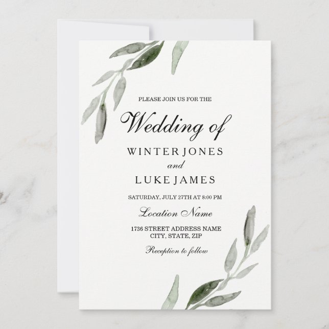 Watercolor Green Leaf Modern Matte Wedding Invitation (Front)