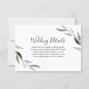 Watercolor Green Leaf Modern Wedding Details RSVP Card