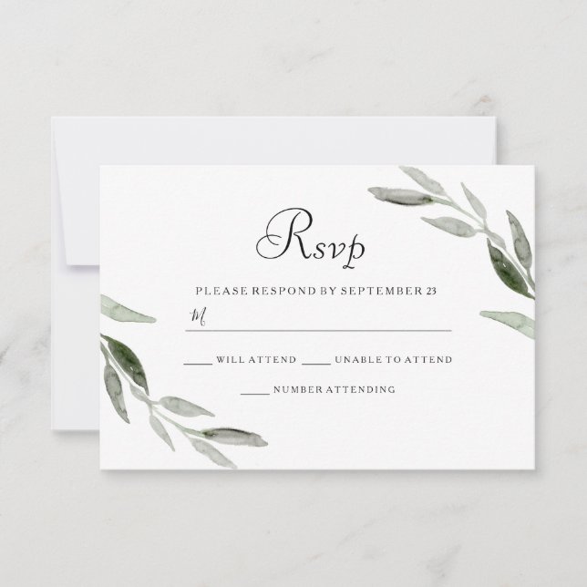 Watercolor Green Leaf Modern Wedding RSVP (Front)