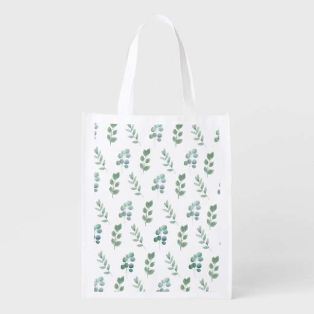 Watercolor Green Leaf Pattern – Elegant Botanical  Grocery Bag (Front)