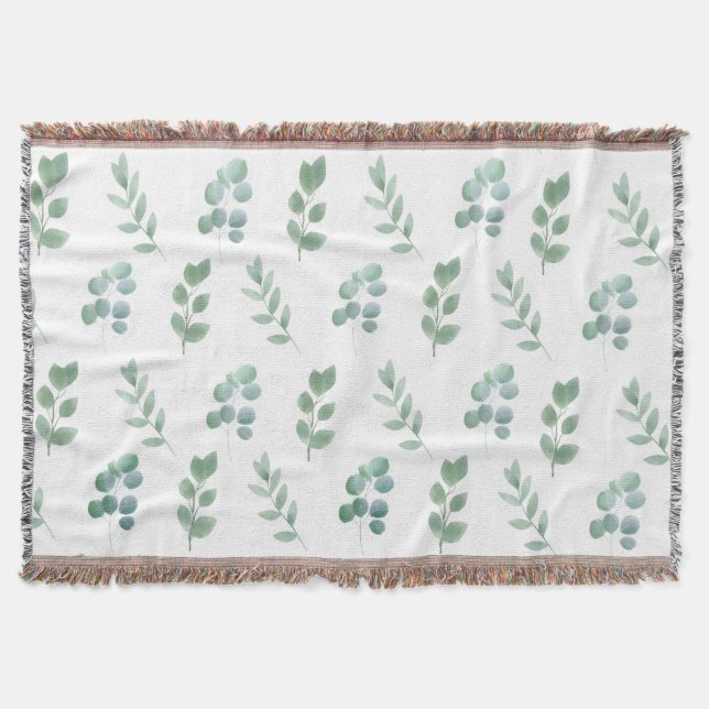 Watercolor Green Leaf Pattern – Elegant Botanical  Throw Blanket (Front)