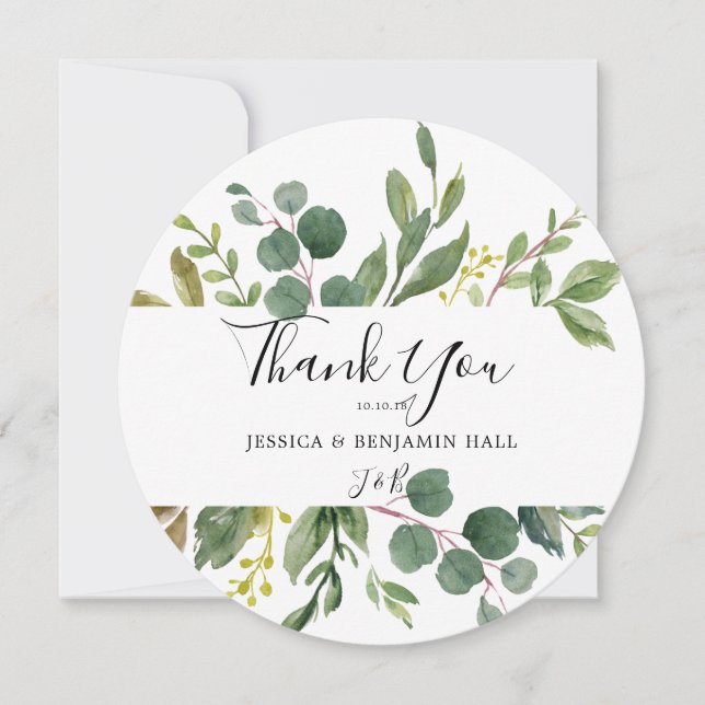 Watercolor Green Leaf Spring Wedding Thank You Card (Front)