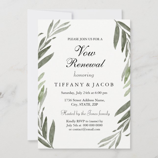 Watercolor Green Leaf Vow Renewal Invitation (Front)
