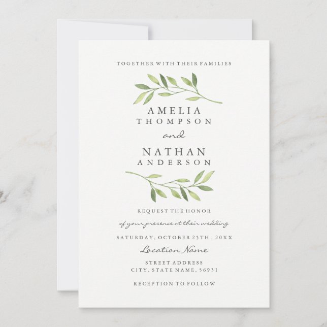 Watercolor Green Leaf Wedding Invitation (Front)