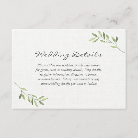 Watercolor Green Leaf Wedding Reception Details Enclosure Card