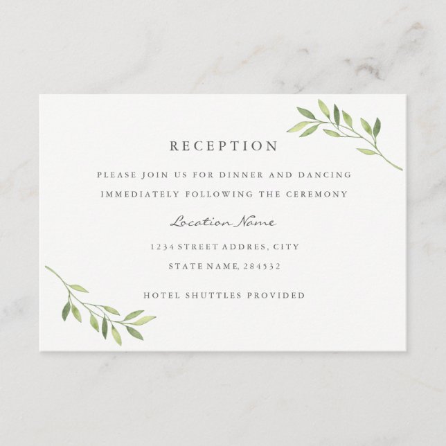 Watercolor Green Leaf Wedding Reception Enclosure Card (Front)