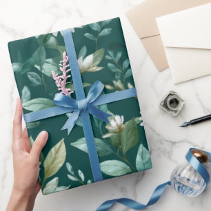 Watercolor Green Leaf White Floral Pattern Wrapping Paper