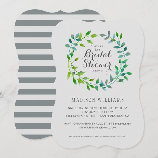 Watercolor Green Leaf Wreath | Bridal Shower Invitation (Front/Back)