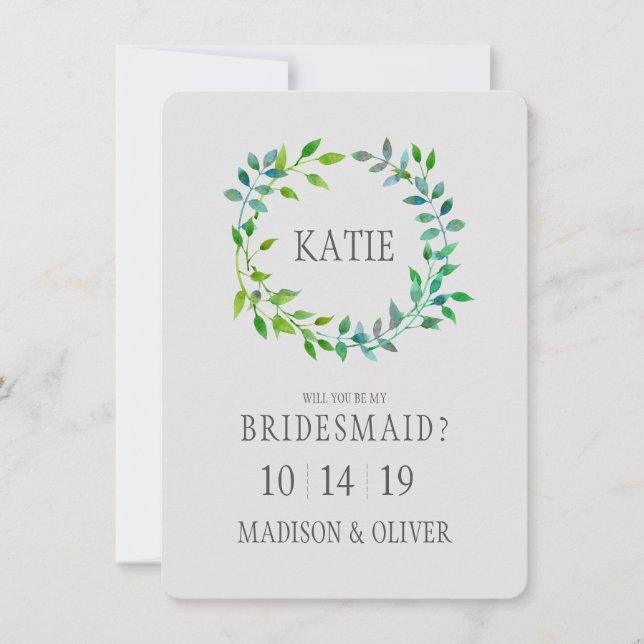 Watercolor Green Leaf Wreath | Bridesmaid Invitation (Front)